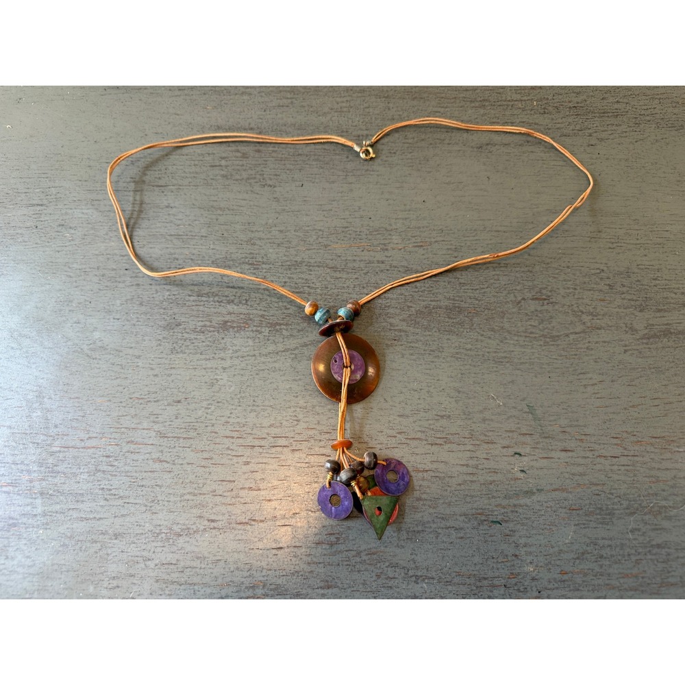 Vintage Boho Cord Necklace Purple Brown Green Wood Resin Pendant Geometric 19in